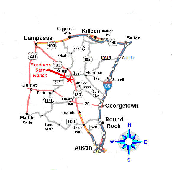 Map from Burnet & Marble Falls, TX to Southern Star Ranch